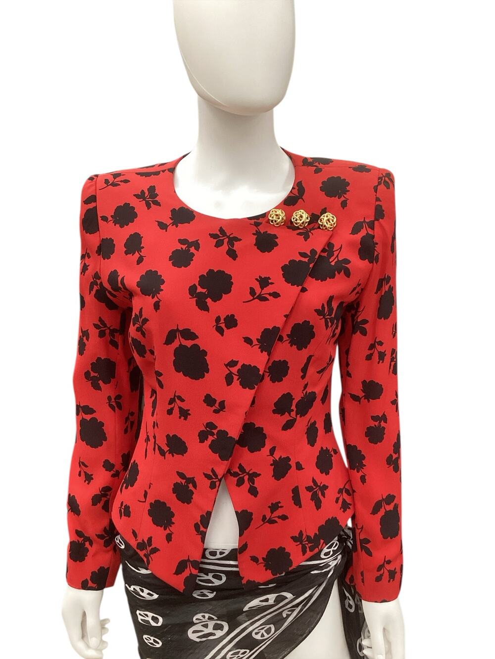 VTG Constance Saunders Blazer Women’s SZ 2 Flower Print Lined Gold Buttons Red